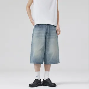 Men's American retro loose straight fit denim shorts with baggy wide-leg design