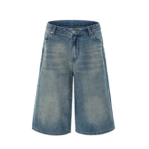 Men's retro American style loose straight leg denim shorts in a classic washed blue finish