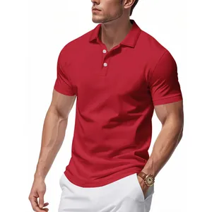 Close-up of red short-sleeved polo shirt showing classic fit and collar detail.