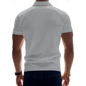 Detailed back view of a gray men's quick-dry short-sleeved polo shirt on a model