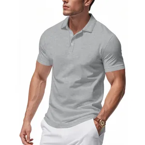 Detail of a men's grey quick-dry Polo shirt featuring a classic collar and three-button placket