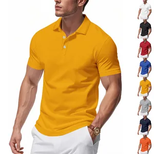 Detail view of men's yellow quick-dry polo shirt with multiple color swatches on the side.