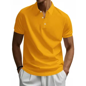 Waist-up view of men's vibrant yellow short-sleeve Polo shirt paired with white trousers