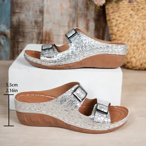 Silver crocodile pattern wedge sandals with 5.5cm heel height measurement detail