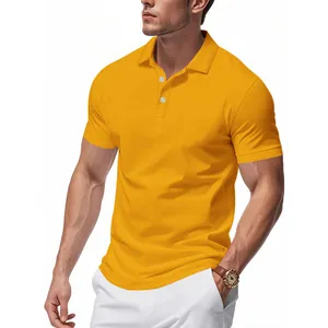 Close-up of a men's mustard yellow quick-dry short-sleeved polo shirt with a minimalist design.