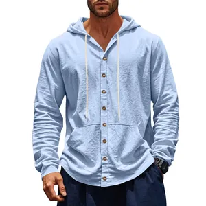 Camicia casual da uomo in lino con cappuccio a maniche lunghe celeste per spiaggia e tempo libero