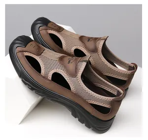 Detailed view of breathable mesh and leather textures on men's closed-toe sandals.