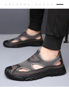 Side view of men's grey breathable mesh sandals featuring a comfortable hollow-out design.
