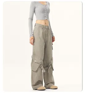 American retro loose wide-leg cargo pants with large side pockets and strap detail