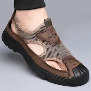 Men's Cowhide Flyknit Sandals Summer Hollow Breathable Beach Shoes Closed Toe Soft Sole Casual Outdoor Sandals For Men