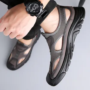 Men's breathable summer beach sandals with grey mesh and closed-toe soft sole.