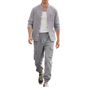 Men's grey linen casual set with stand collar shirt and cargo pants shown on model.