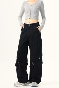 High street loose wide-leg cargo pants with large pockets and strap design details