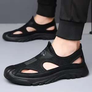 Men's breathable black mesh hollow-out summer beach sandals featuring a soft rubber sole