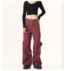 Vintage high street wide-leg cargo pants with large side pockets and strap details