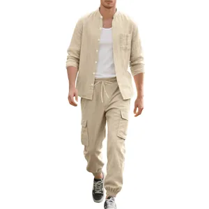Men's casual linen set featuring stand collar long sleeve shirt and cargo pants in beige color.