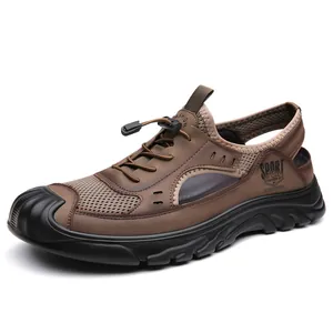 Men's breathable closed-toe leather outdoor sandals with mesh and soft sole for beach