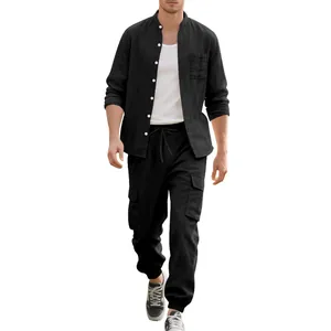 Detail of men's black linen casual set with stand collar shirt and cargo pants
