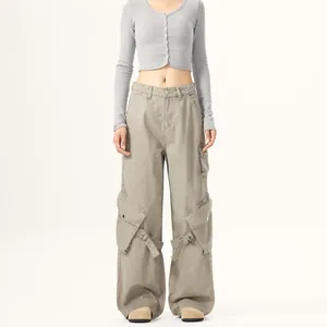 American Retro High Street Wide Leg Cargo Pants For Women Men Multi Pocket Deconstructed Straps Loose Bottoms