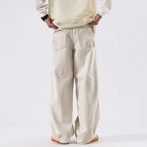 Jean large American Logger pour homme blanc cassé avec taches de peinture et détails usés