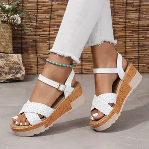 Sandalias de Cuña para Mujer Plataforma Correas Trenzadas Hebilla al Tobillo PU Textura de Corcho Zapatos Casuales de Verano para Playa Tallas Grandes