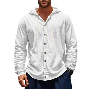 Chemise à capuche en lin décontractée pour hommes avec boutonnage sur le devant