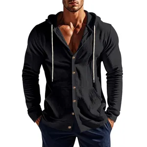 Vue de face détaillée d'une chemise décontractée en lin noir à capuche pour hommes
