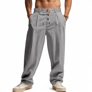 Graue Leinenhose für Herren in lockerer Passform mit Kordelzug und Zierknopf-Details.