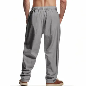 Vollständige Rückansicht grauer atmungsaktiver Baumwoll-Leinen-Lockerfit-Casual-Hosen für Herren