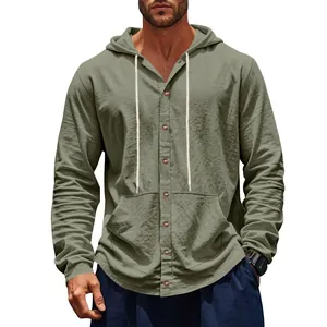 Chemise à capuche en lin vert pour homme avec fermeture à boutons et cordons de serrage