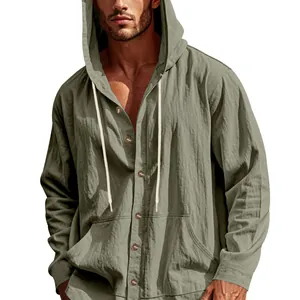 Chemise décontractée en lin à manches longues avec capuche pour homme en vert olive