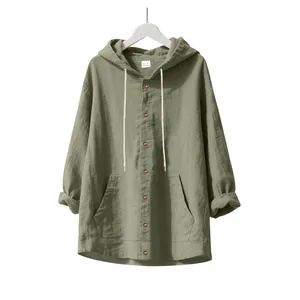 Chemise à capuche en lin vert sauge pour homme, coupe ample avec poche kangourou