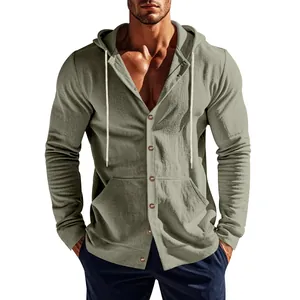 Chemise décontractée à capuche en lin vert sauge pour homme avec boutons et poche kangourou