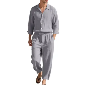 Set traspirante in lino grigio da uomo con camicia a maniche lunghe e pantaloni con coulisse
