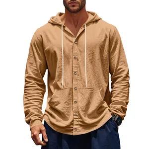 Chemise à capuche décontractée pour homme en lin beige avec boutons et poche kangourou