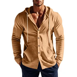 Chemise à capuche décontractée en lin pour hommes avec boutons et manches longues