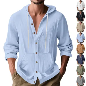 Chemise à Capuche Décontractée en Lin pour Hommes Manches Longues Coupe Large Haut de Plage Avec Poche Kangourou