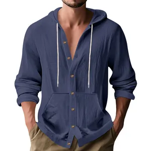 Chemise à capuche décontractée en lin pour hommes, coupe ample bleu marine pour la plage