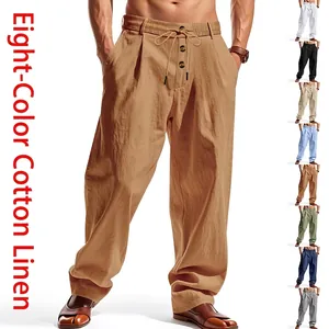 Herren Freizeithose Leinen Atmungsaktiv Leinen Polyester Mischung Hose Lockerer Schnitt Gerade Bein Leichte Sommer Strandhose