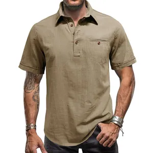 Stylish men's khaki short sleeve button-up polo shirt with lapel collar and front pocket