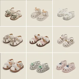 Sandales Premiers Pas pour Bébé Fille Chaussures de Princesse à Bout Fermé Avec Nœud Floral Cuir Microfibre Sandales d'Été