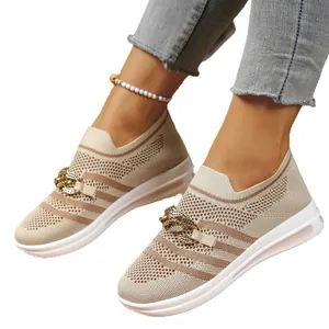 Breathable flyknit hollow mesh women's casual slip-on shoes with stylish gold chain