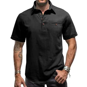 Men's black textured linen short sleeve polo shirt with chest pocket and buttons