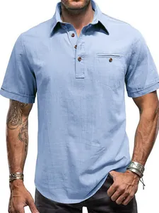 Men Summer Cotton Polo Shirt Short Sleeve Classic Lapel Button Down Casual Top With Chest Pocket Linen Texture Shirt