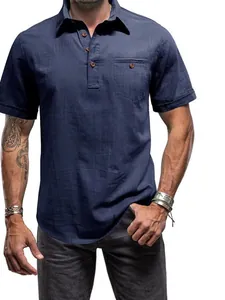 Men's navy blue short sleeve polo shirt with button placket and a chest pocket