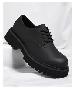 Detailed view of men's black chunky sole derby shoes with premium matte leather