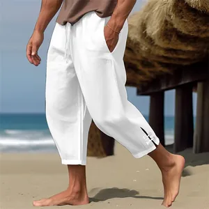 Pantalón de playa para hombre de algodón y lino blanco con cordón en la cintura