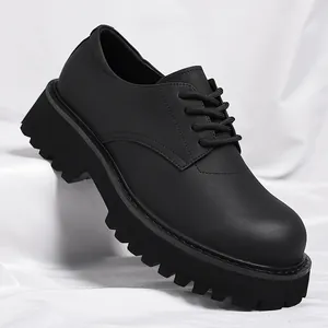 Men American High Street Black Derby Shoes Vintage Chunky Sole Matte Regenerated Leather Lace Up Non-Slip Casual Dress Shoes