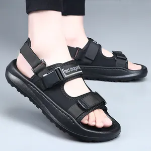 Men's black sports beach sandals with adjustable straps and non-slip soft sole for summer