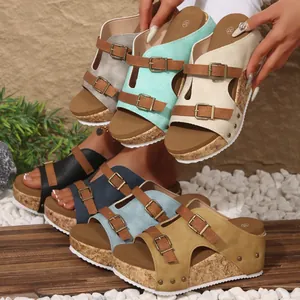 Women's Wedge Sandals Bovine Leather Upper Double Buckle Thick Sole Cork Texture Beach Vacation Platform Slide Sandals